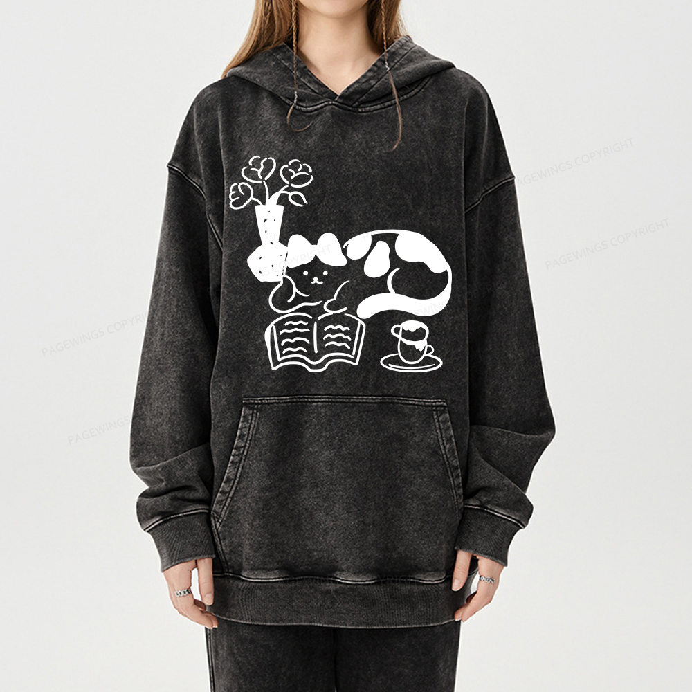 Pagewings The Cat Who Loves Reading Unisex Washed Hoodie