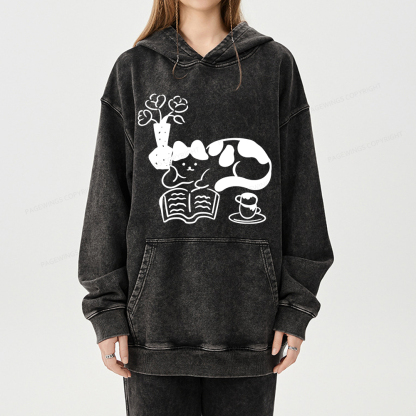 Pagewings The Cat Who Loves Reading Unisex Washed Hoodie