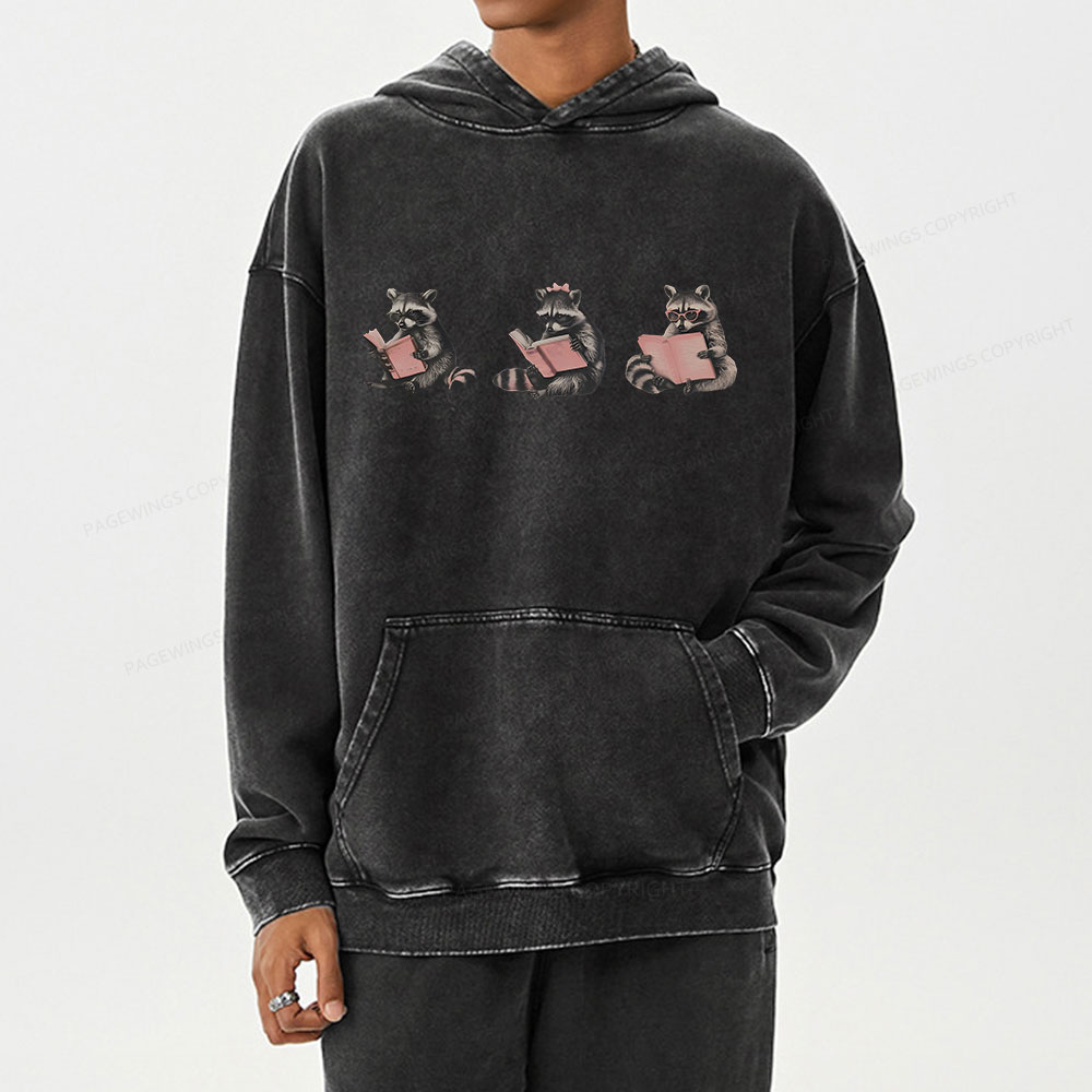 Pagewings Funny Raccoon Bookish Gift Unisex Washed Hoodie