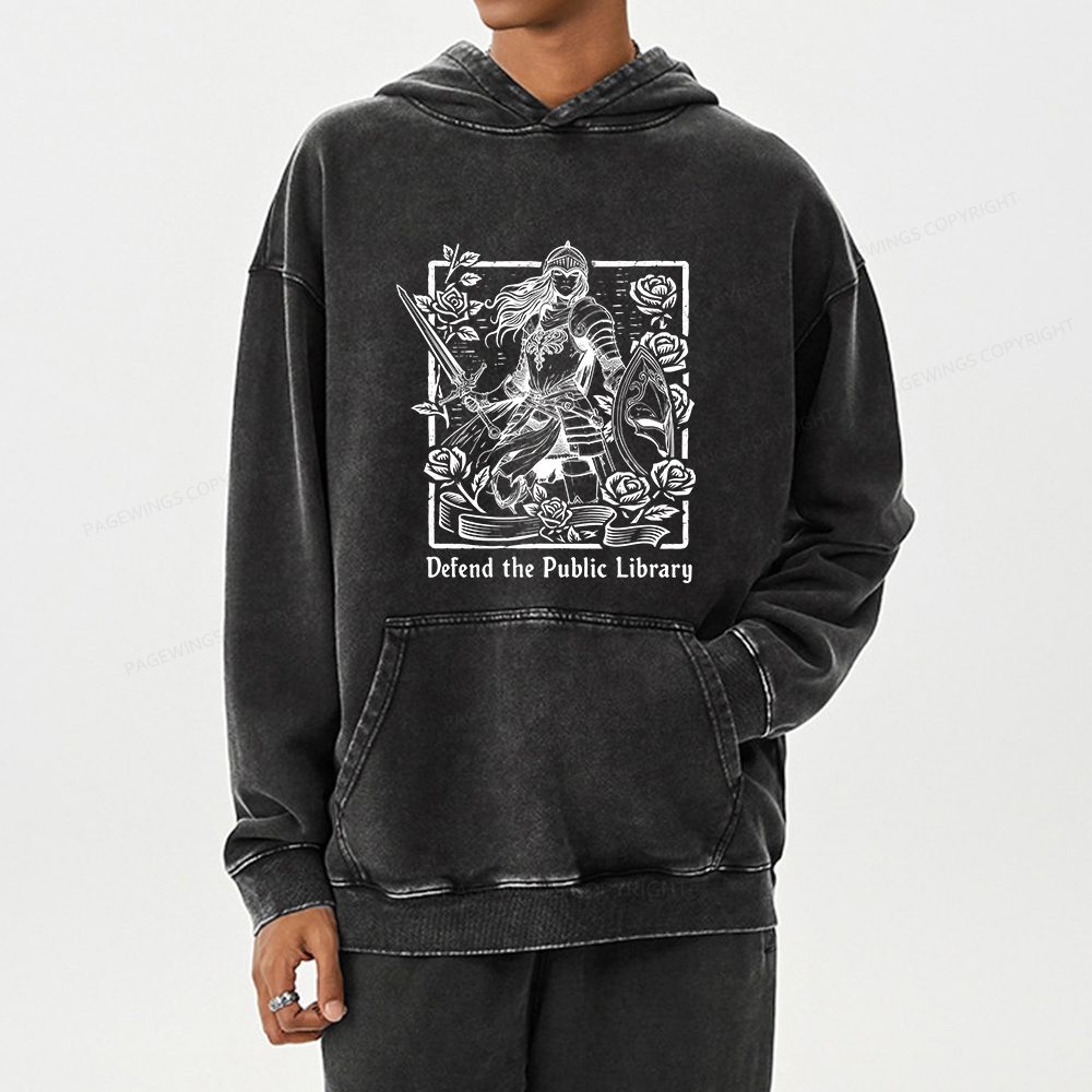 Pagewings Defend The Public Library Unisex Washed Hoodie