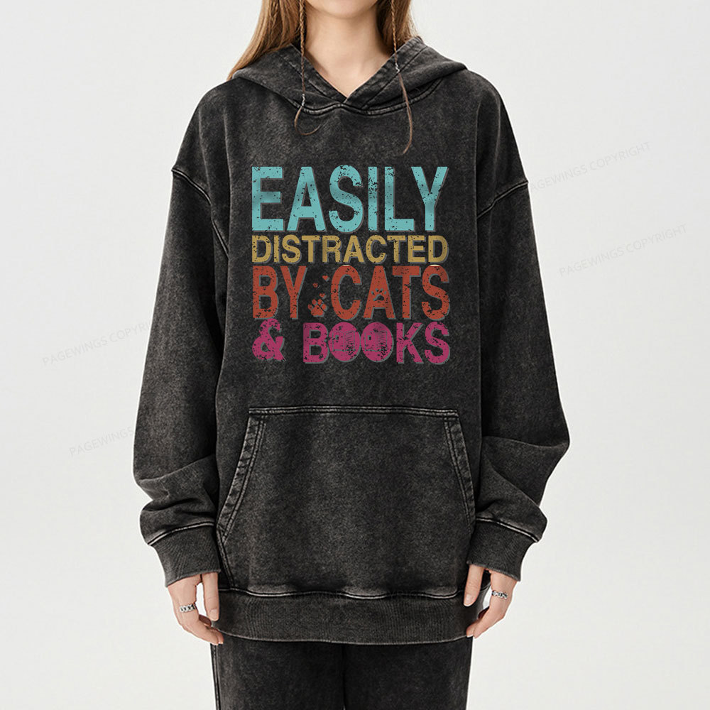 Pagewings Easily Distracted By Cats And Books Unisex Washed Hoodie