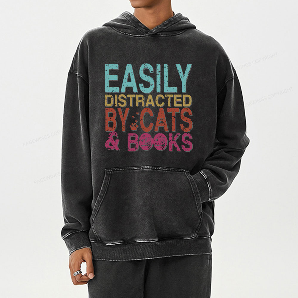 Pagewings Easily Distracted By Cats And Books Unisex Washed Hoodie
