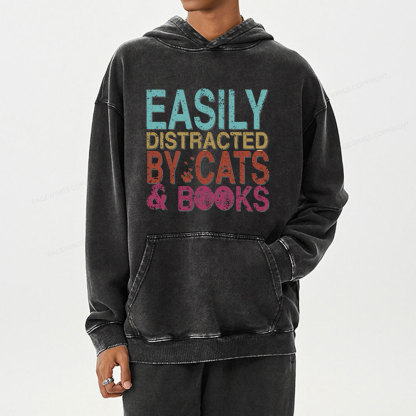 Pagewings Easily Distracted By Cats And Books Unisex Washed Hoodie