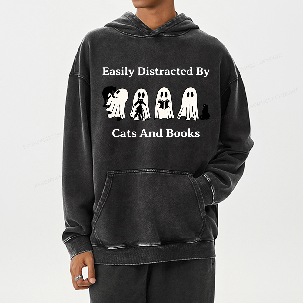 Pagewings Easily Distracted By Cats And Books Unisex Washed Hoodie