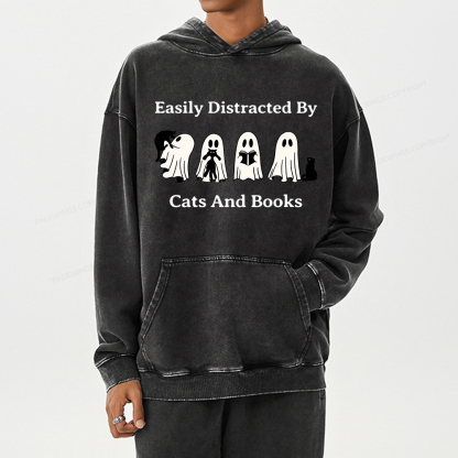 Pagewings Easily Distracted By Cats And Books Unisex Washed Hoodie