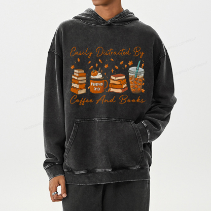 Pagewings Easily Distracted By Coffee And Books Unisex Washed Hoodie