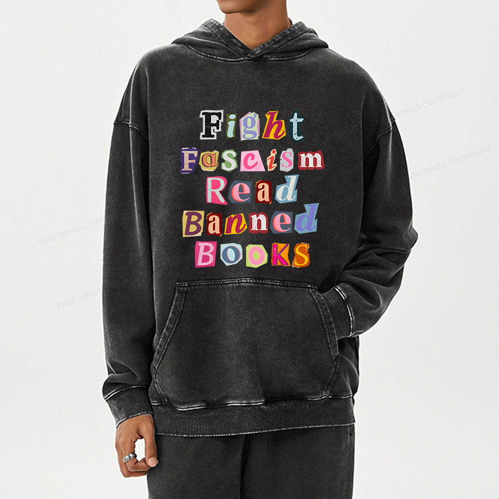 Pagewings Fight Fascism Read Books Unisex Washed Hoodie