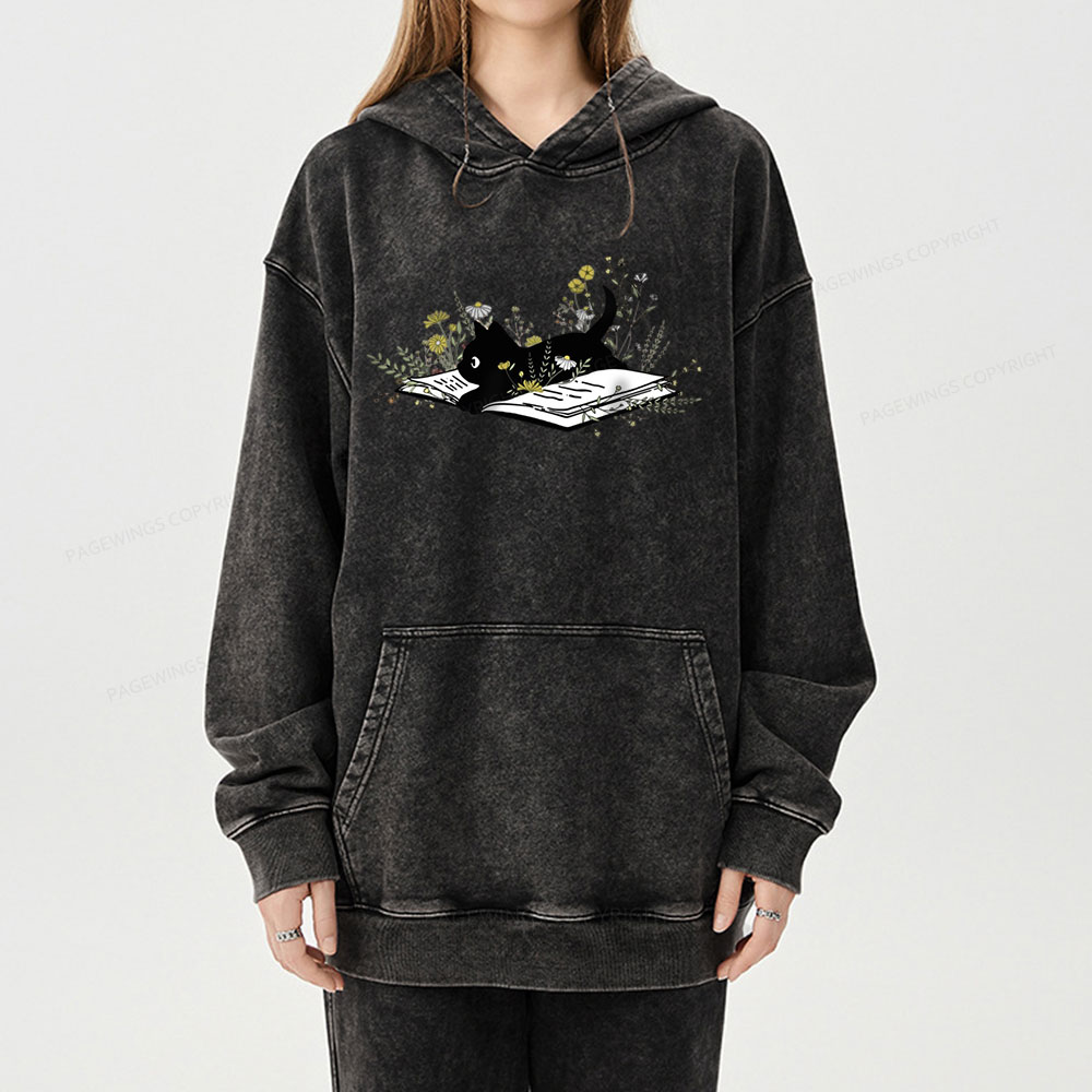Pagewings Cute Book Cat Unisex Washed Hoodie
