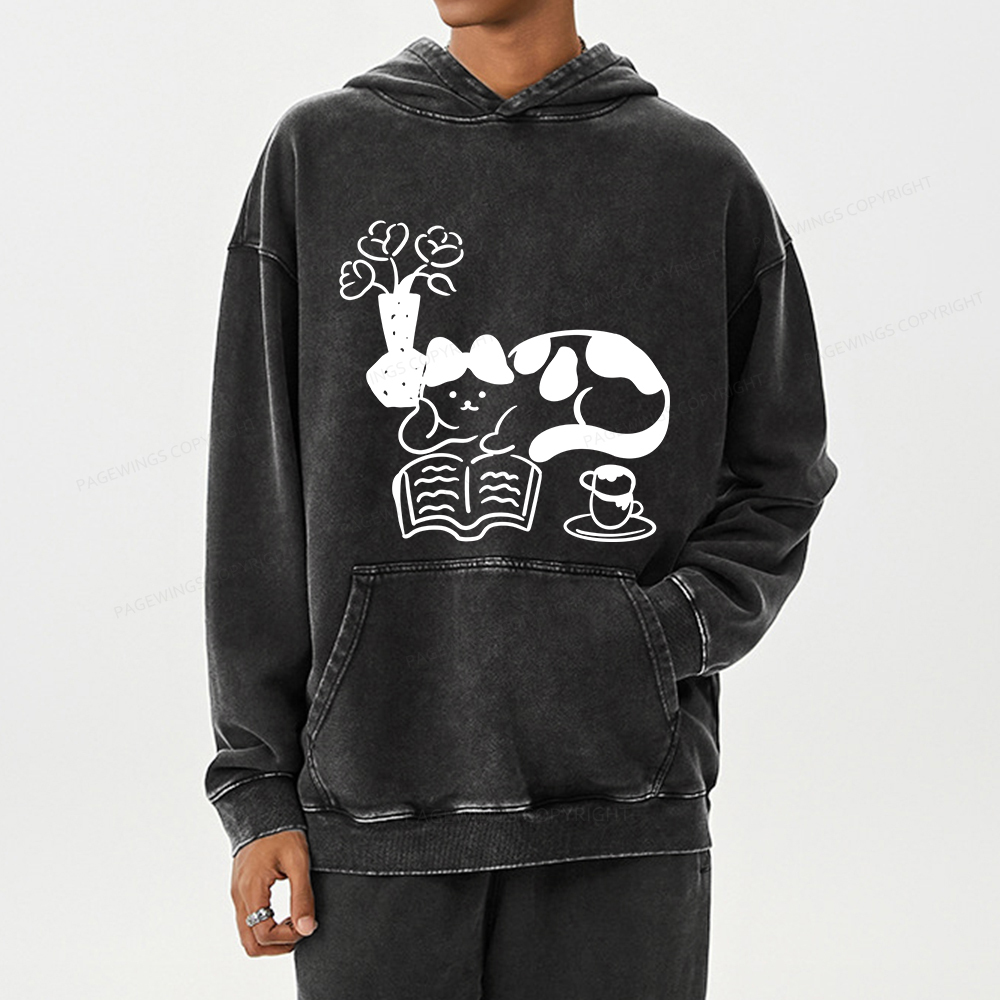 Pagewings The Cat Who Loves Reading Unisex Washed Hoodie