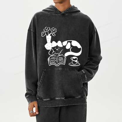 Pagewings The Cat Who Loves Reading Unisex Washed Hoodie