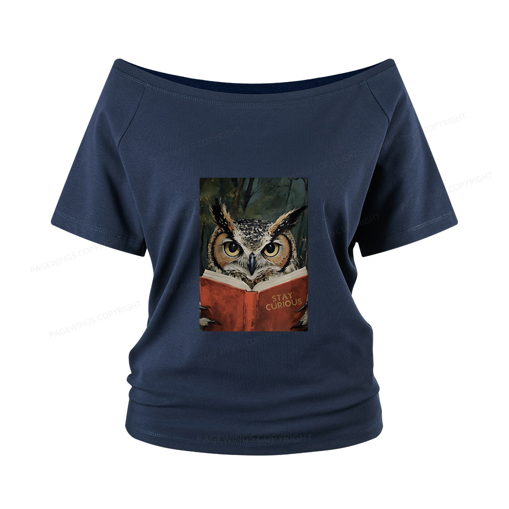 Pagewings Owl Reading Women Off Shoulder T-shirts