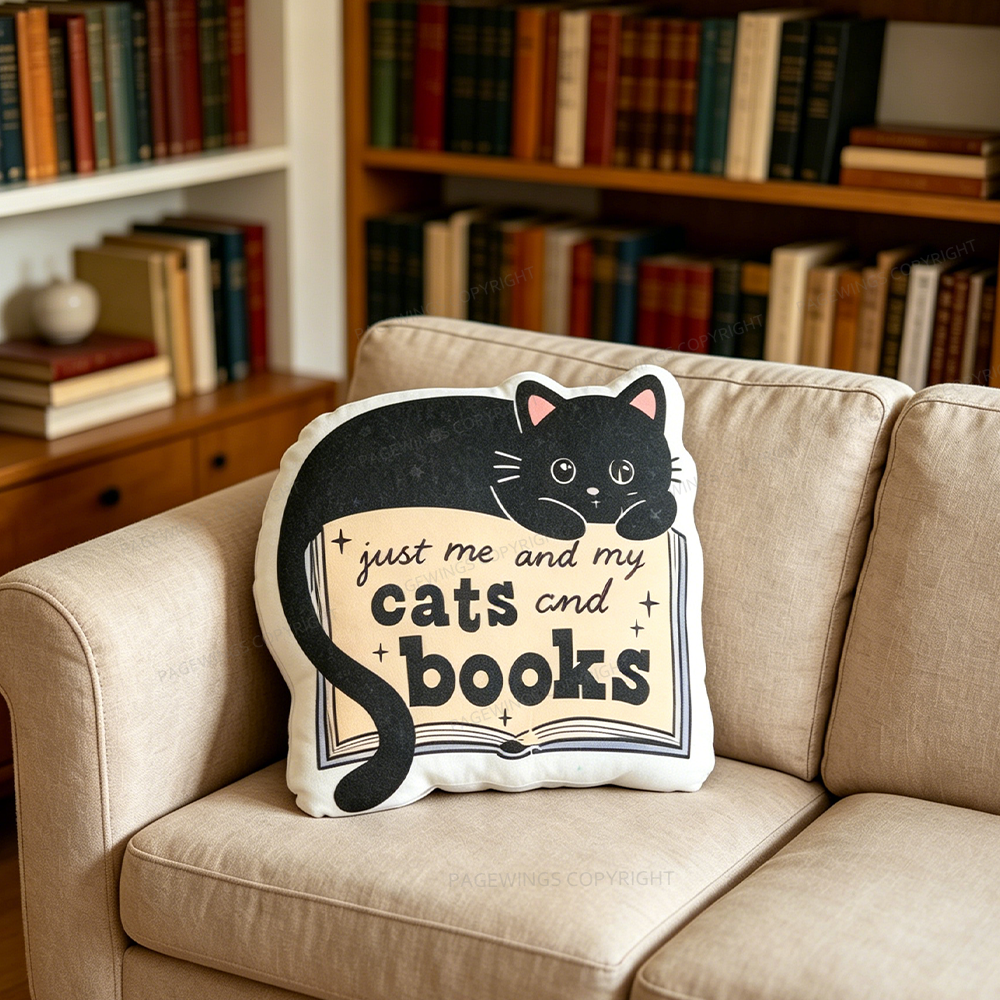 Pagewings Just Me and My Cats and Books Shaped Throw Pillow