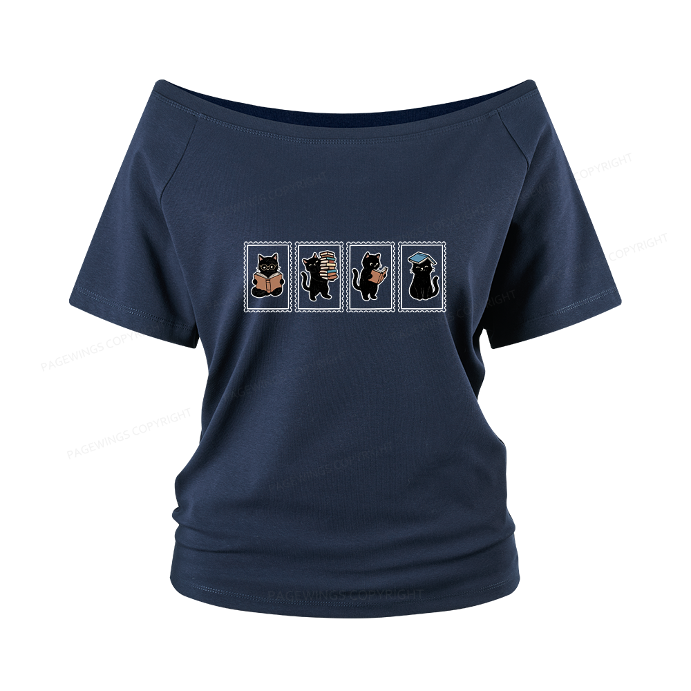 Pagewings Black Cats and Books Women Off Shoulder T-shirts