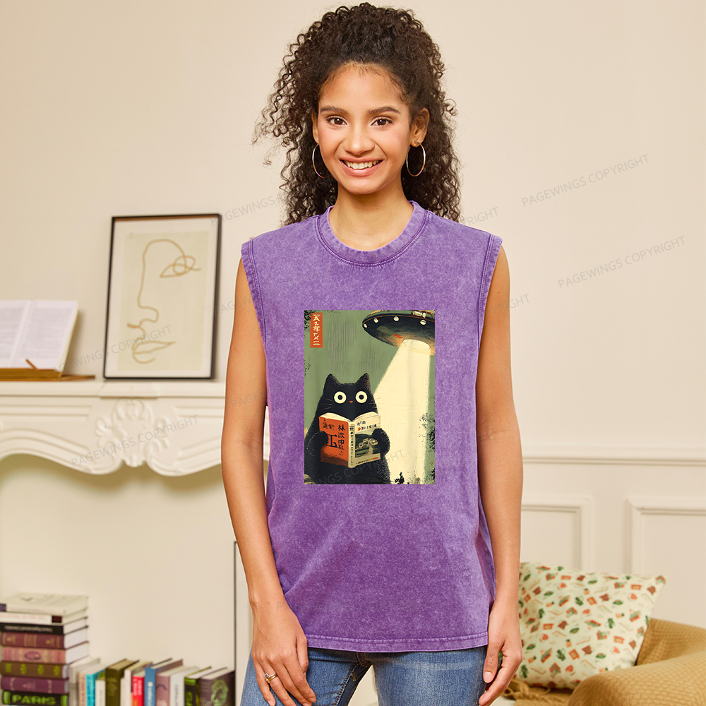 Pagewings Vintage Cat Book Lovers Unisex Washed Tank Top