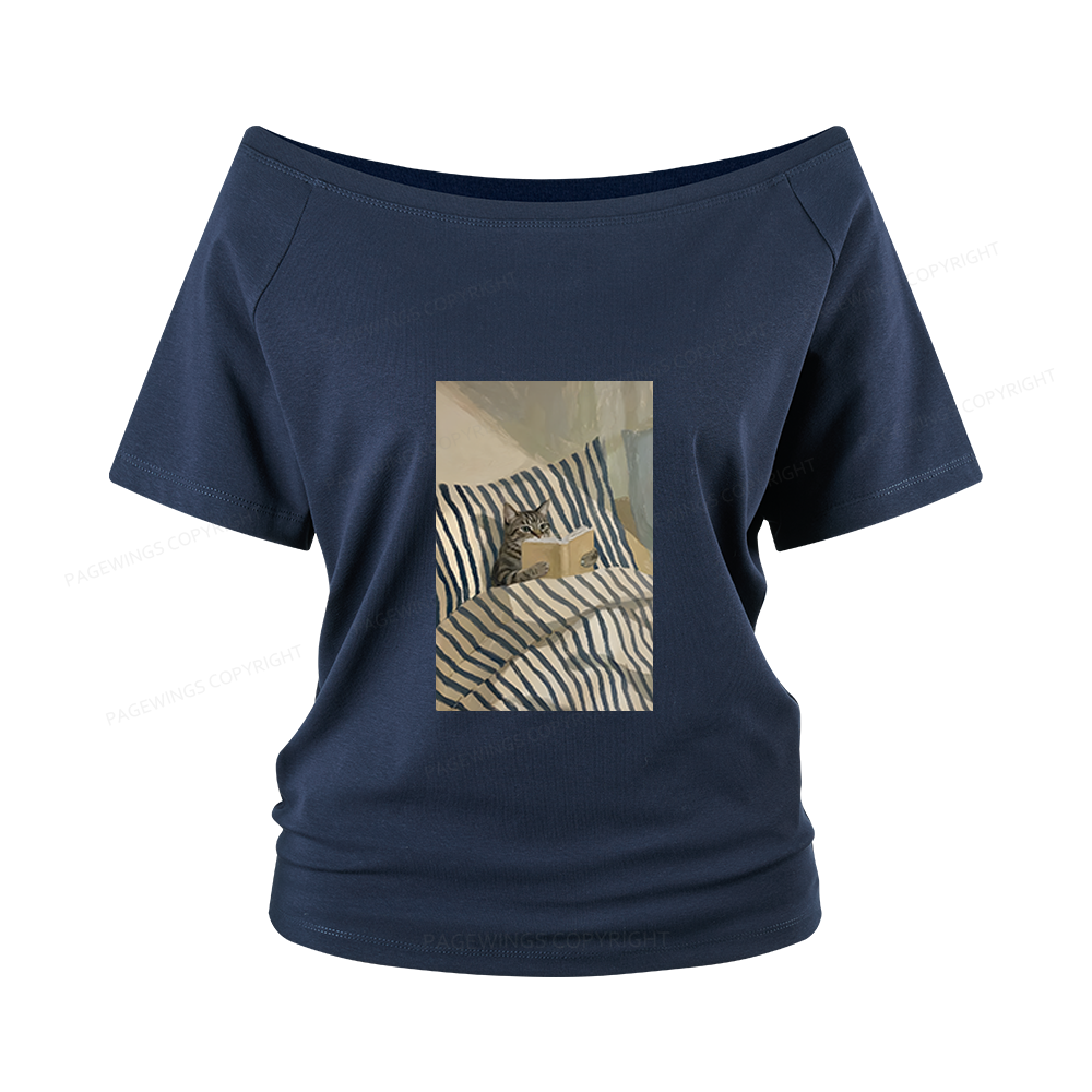 Pagewings Cat Reading Women Off Shoulder T-shirts