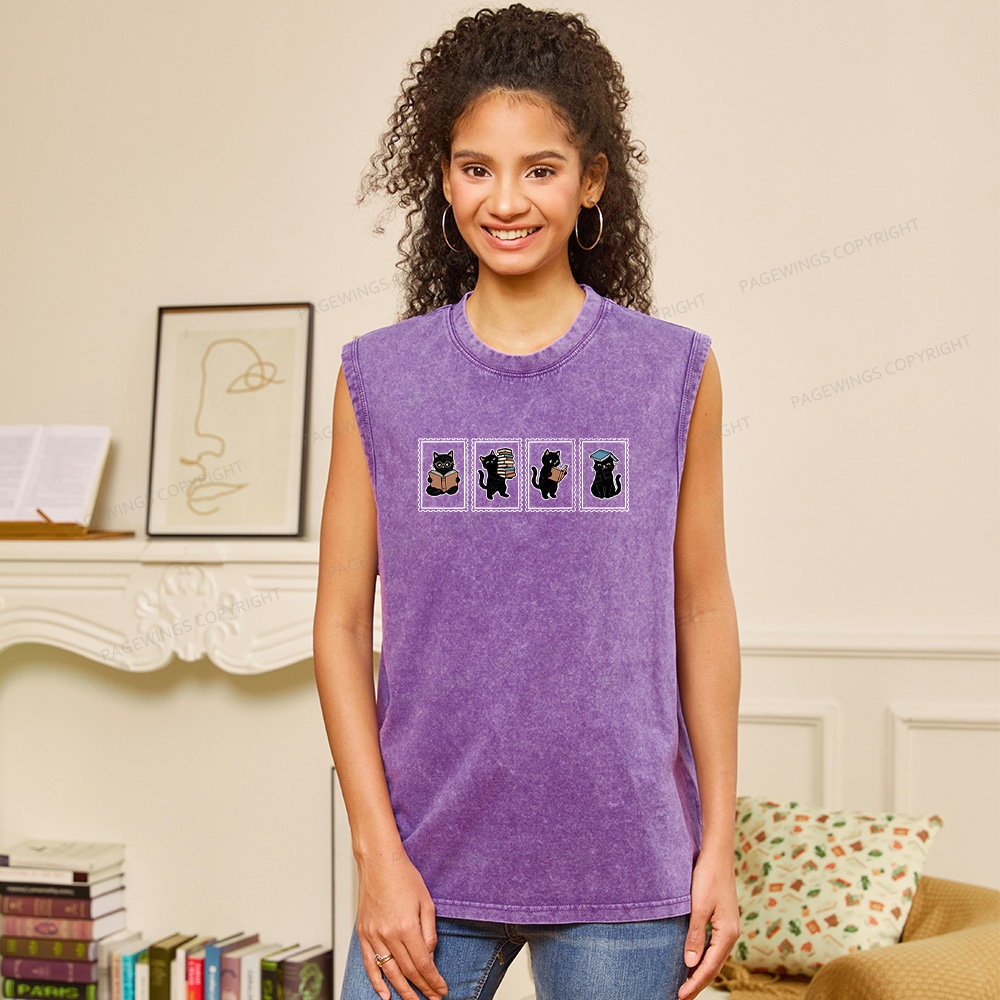 Pagewings Black Cats and Books Unisex Washed Tank Top