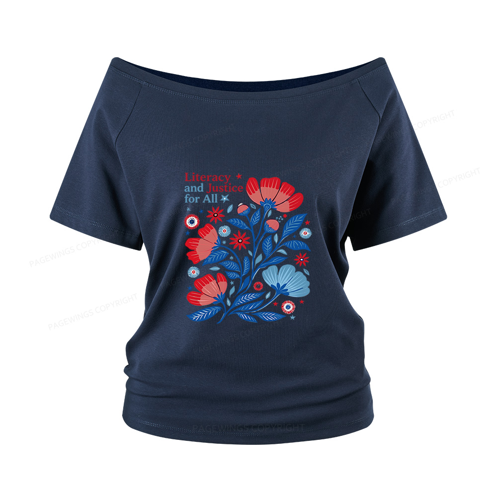 Pagewings Literacy and Justice for All Women Off Shoulder T-shirts