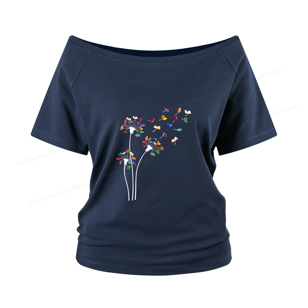 Pagewings Cute Dandelion Books Flower Fly Women Off Shoulder T-shirts