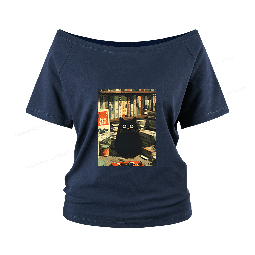 Pagewings Vintage Cat Book Lovers Women Off Shoulder T-shirts