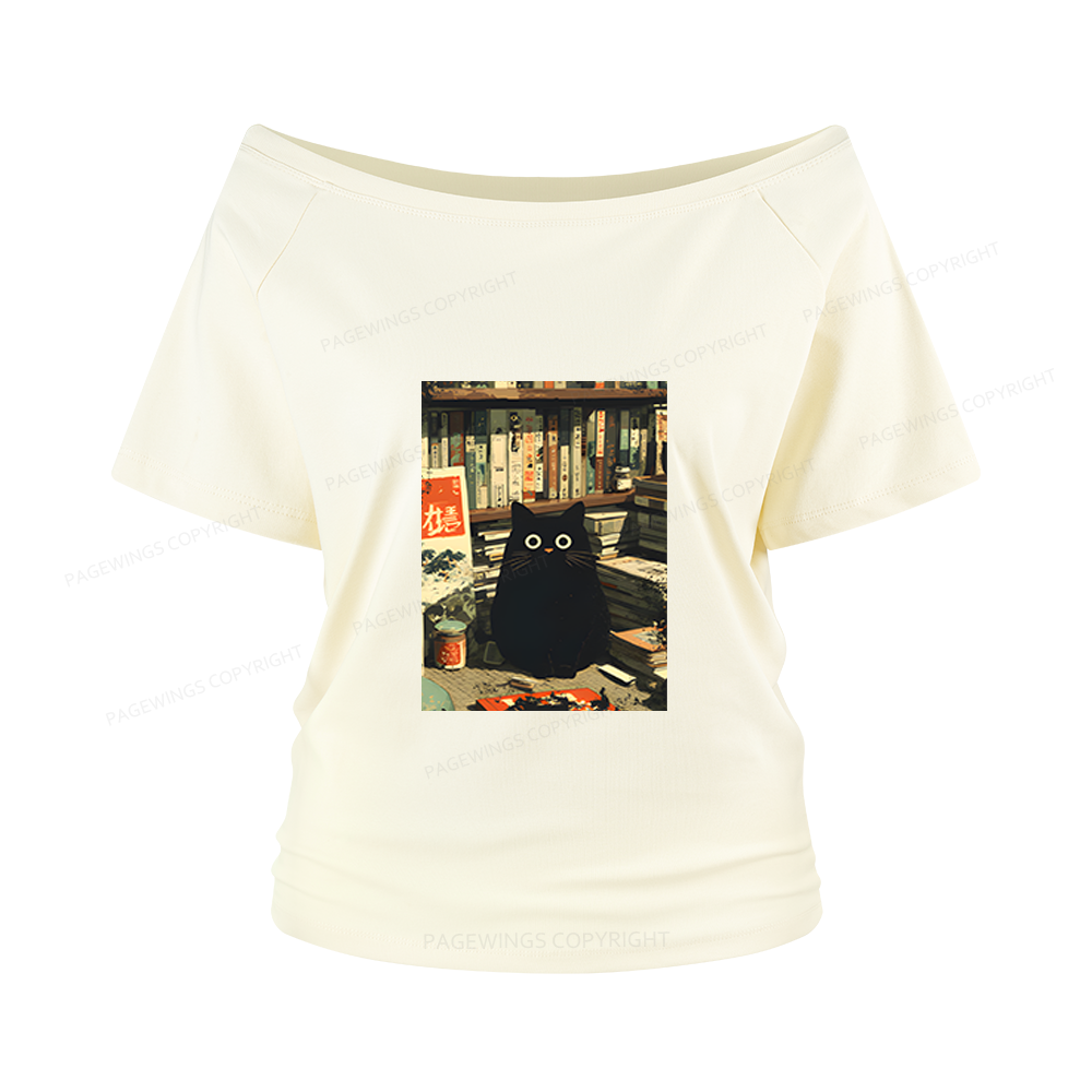 Pagewings Vintage Cat Book Lovers Women Off Shoulder T-shirts