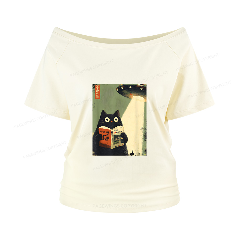Pagewings Vintage Japanese Cat Book Lovers Women Off Shoulder T-shirts
