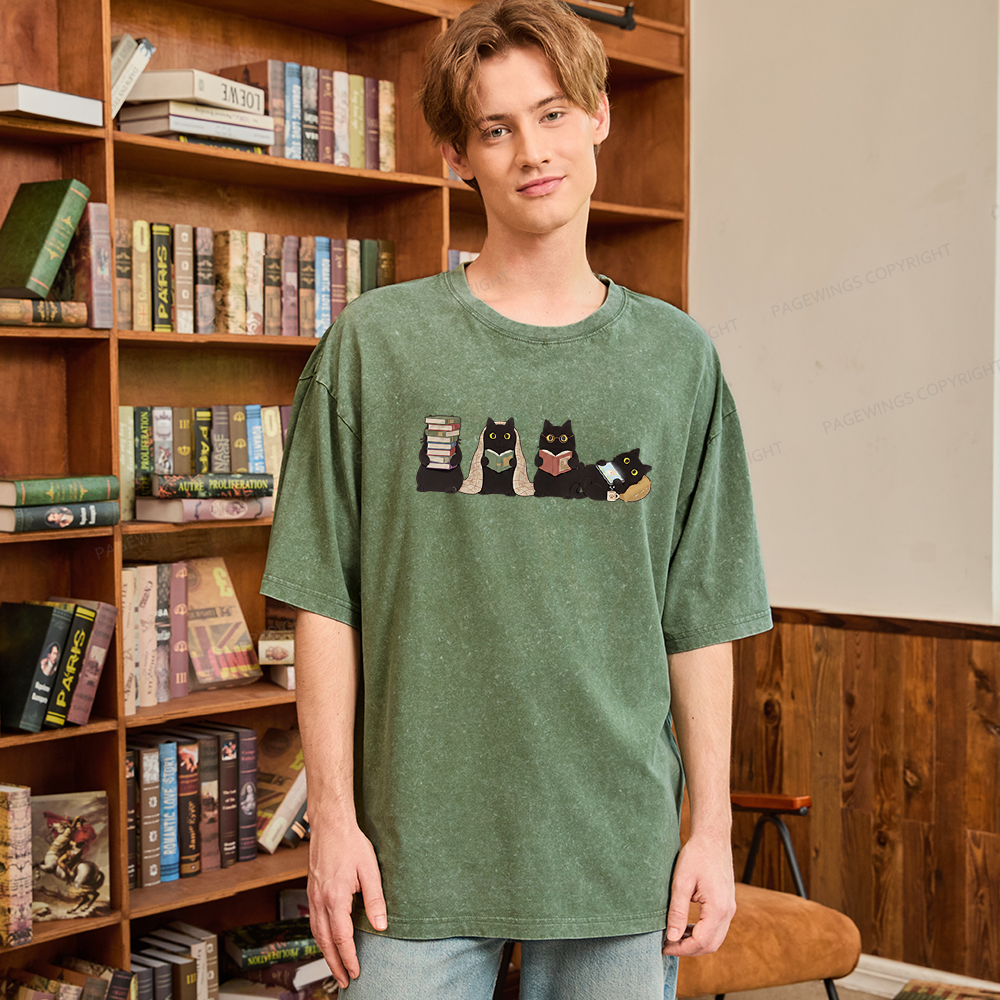 Pagewings Black Cats Reading Unisex Washed T-shirt