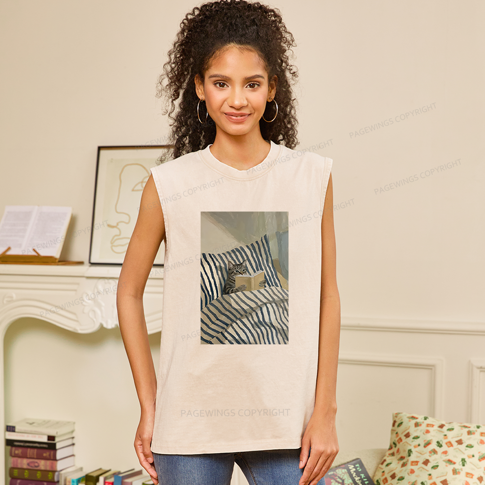 Pagewings Cat Reading Book Unisex Washed Tank Top