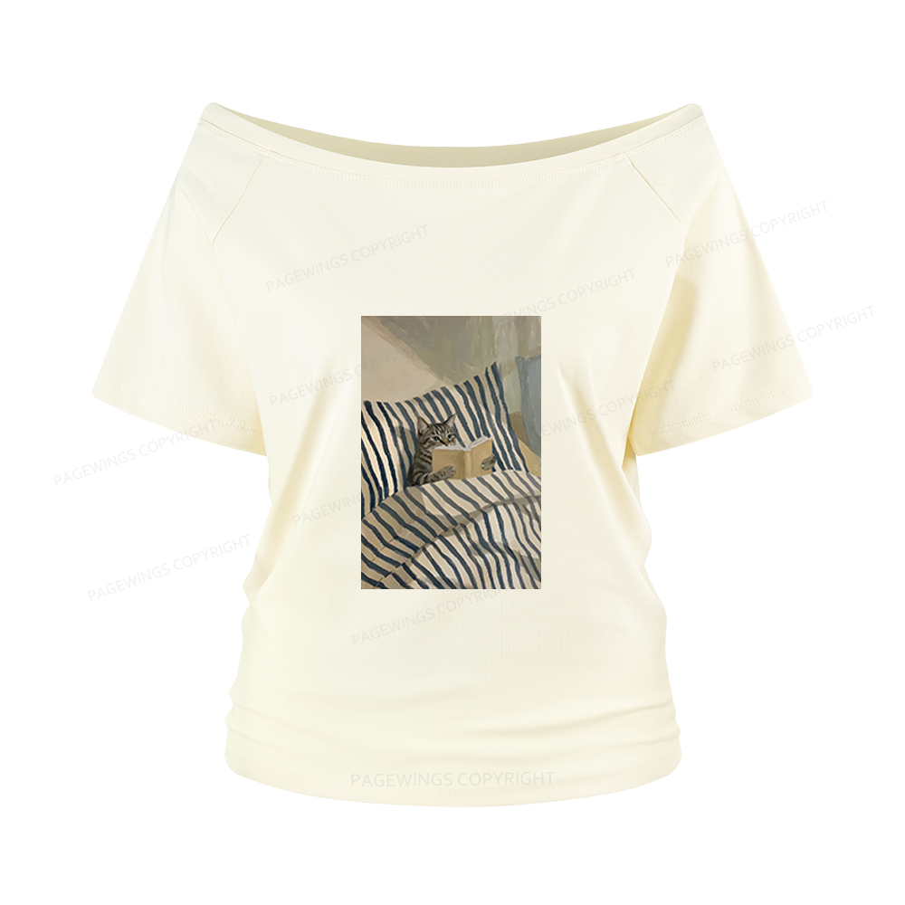 Pagewings Cat Reading Women Off Shoulder T-shirts