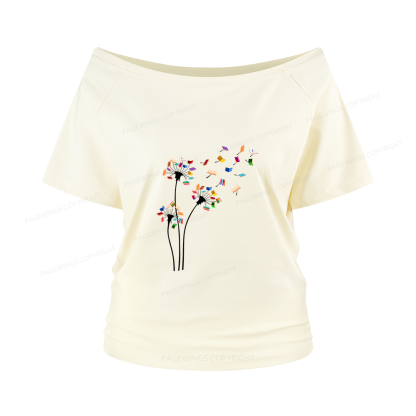 Pagewings Cute Dandelion Books Flower Fly Women Off Shoulder T-shirts