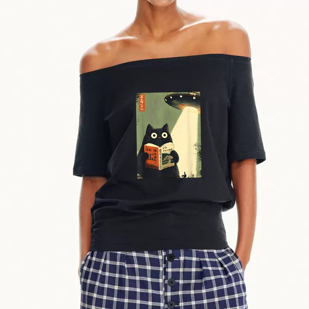 Pagewings Vintage Japanese Cat Book Lovers Women Off Shoulder T-shirts
