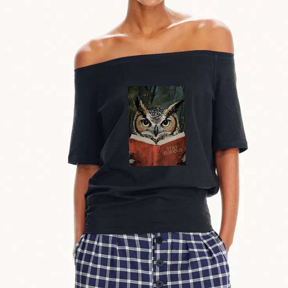 Pagewings Owl Reading Women Off Shoulder T-shirts