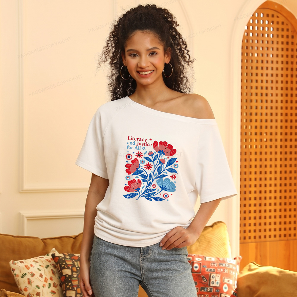 Pagewings Literacy and Justice for All Women Off Shoulder T-shirts