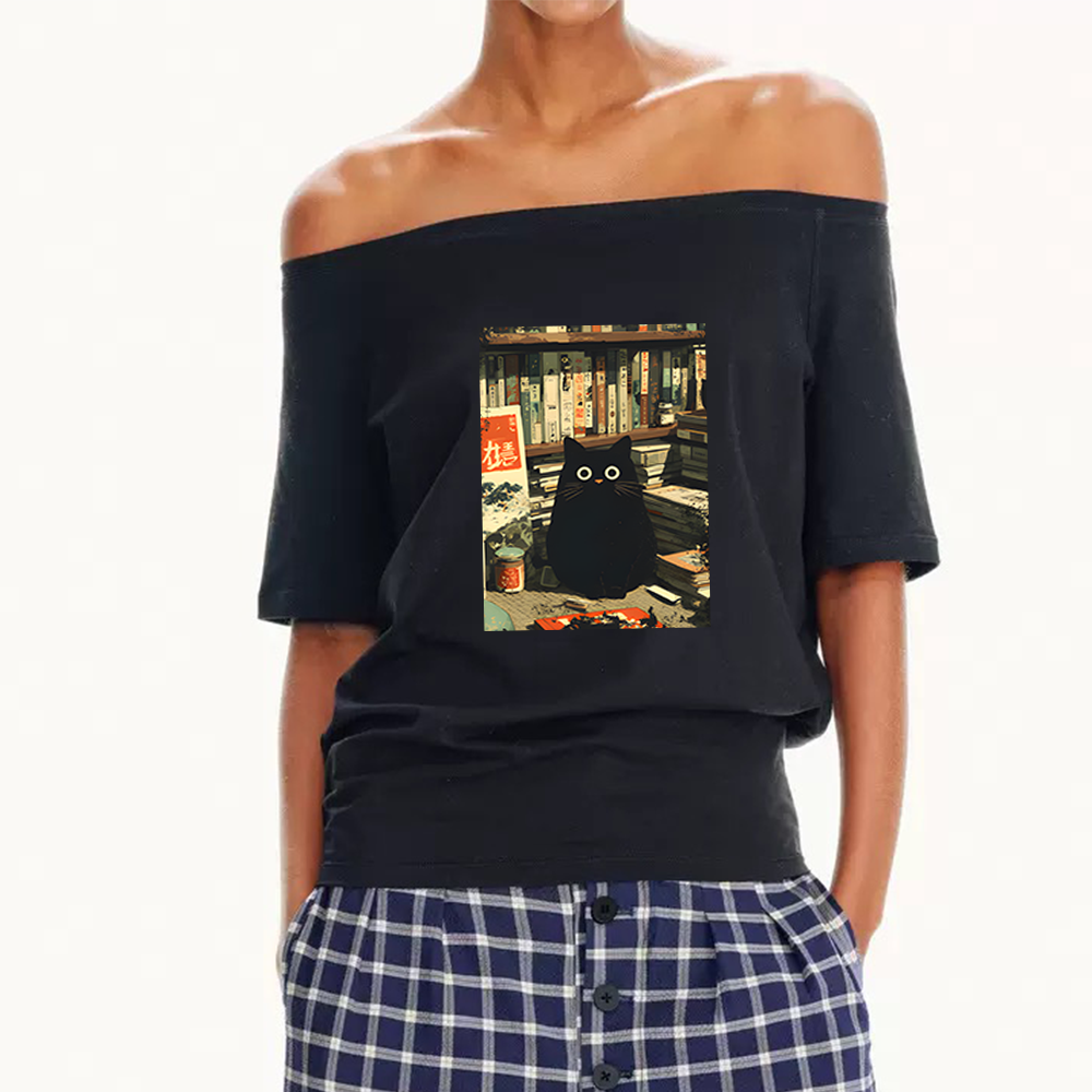 Pagewings Vintage Cat Book Lovers Women Off Shoulder T-shirts