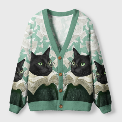 Pagewings Cats Loves Reading Light Knit Unisex Cardigan Sweaters