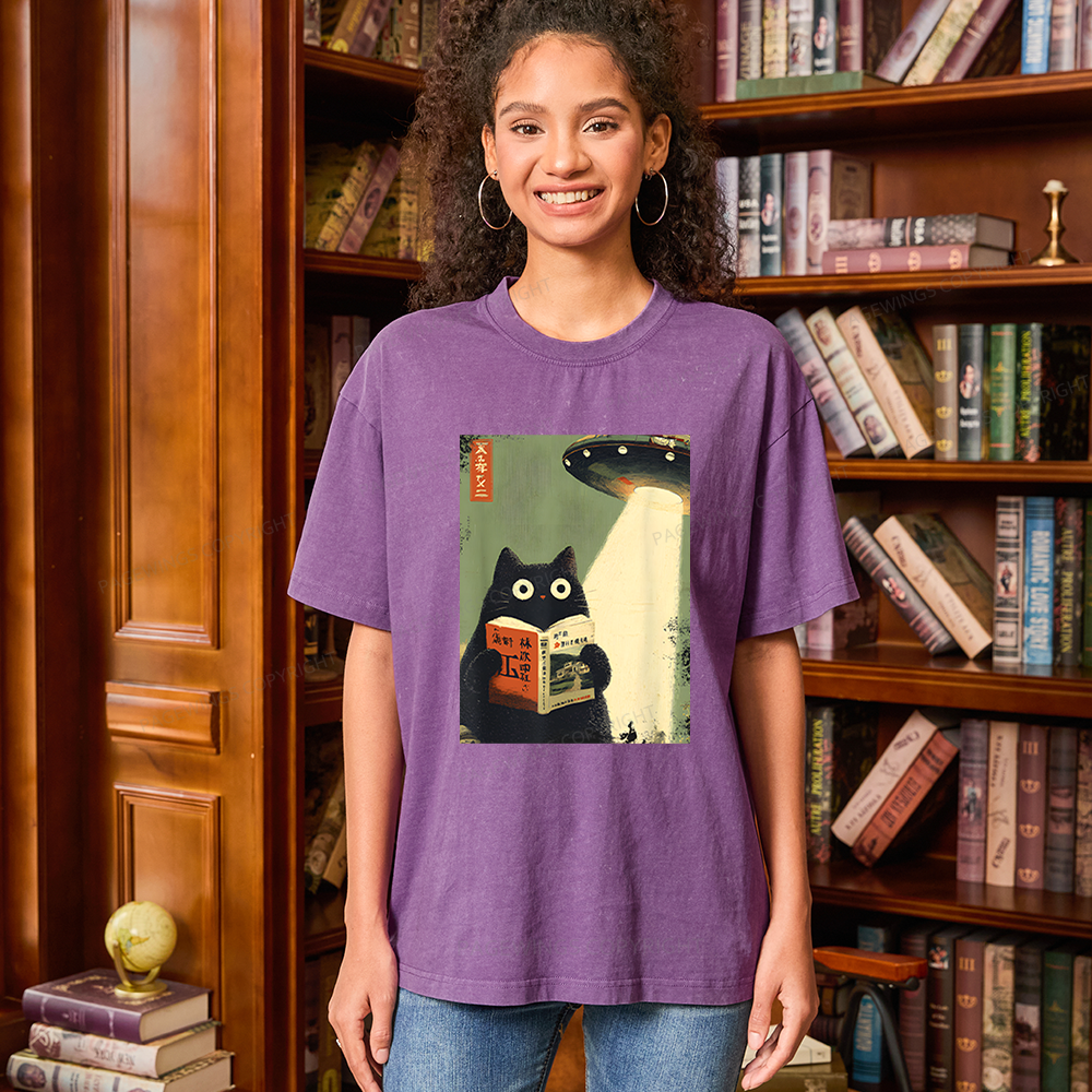 Pagewings Vintage Cat Book Lovers Unisex Washed T-shirt