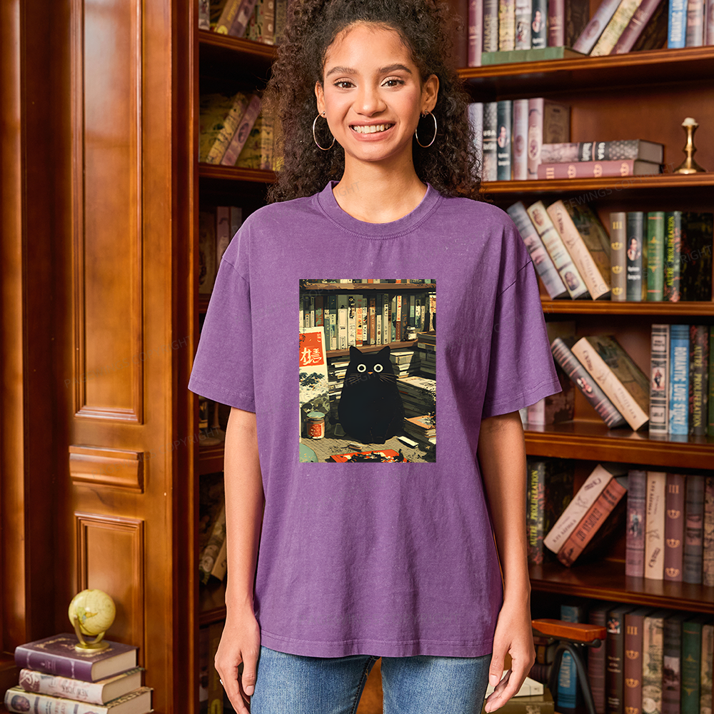 Pagewings Vintage Cat Book Lovers Unisex Washed T-shirt
