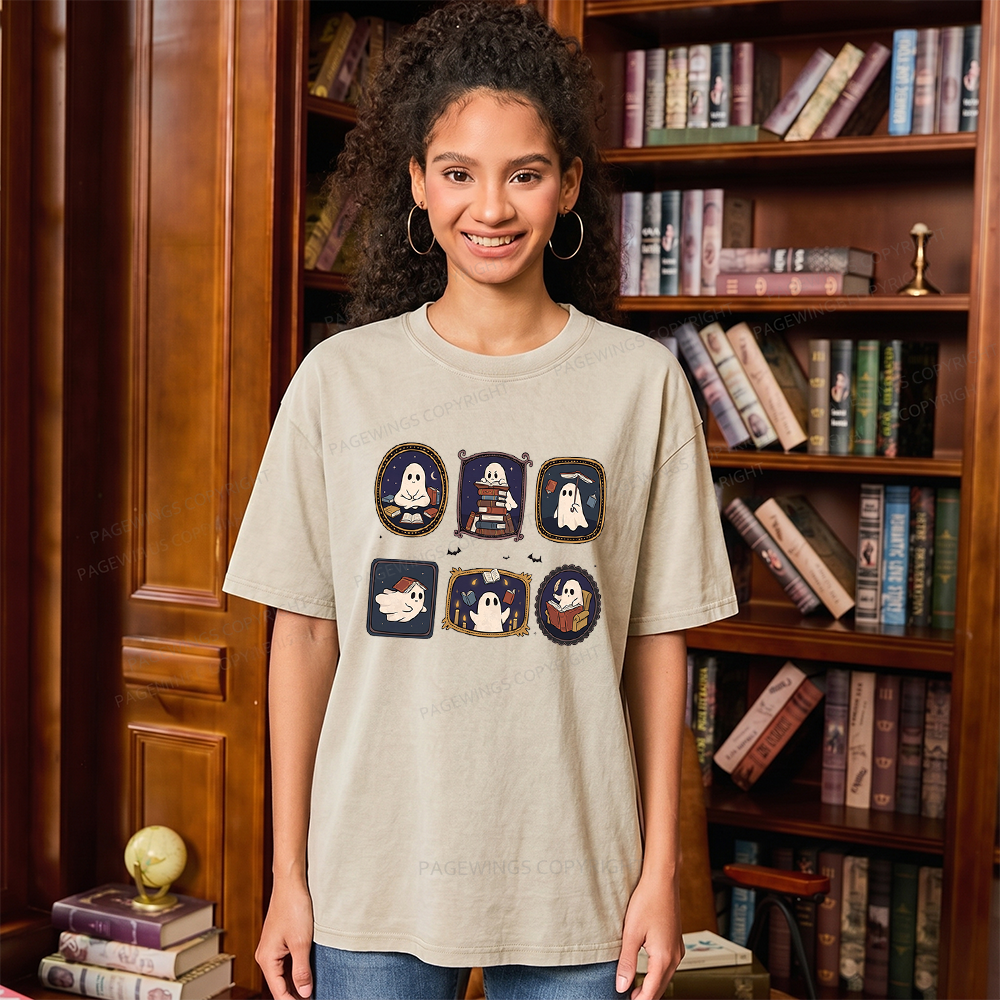 Pagewings Ghost Reading Book Unisex Washed T-shirt