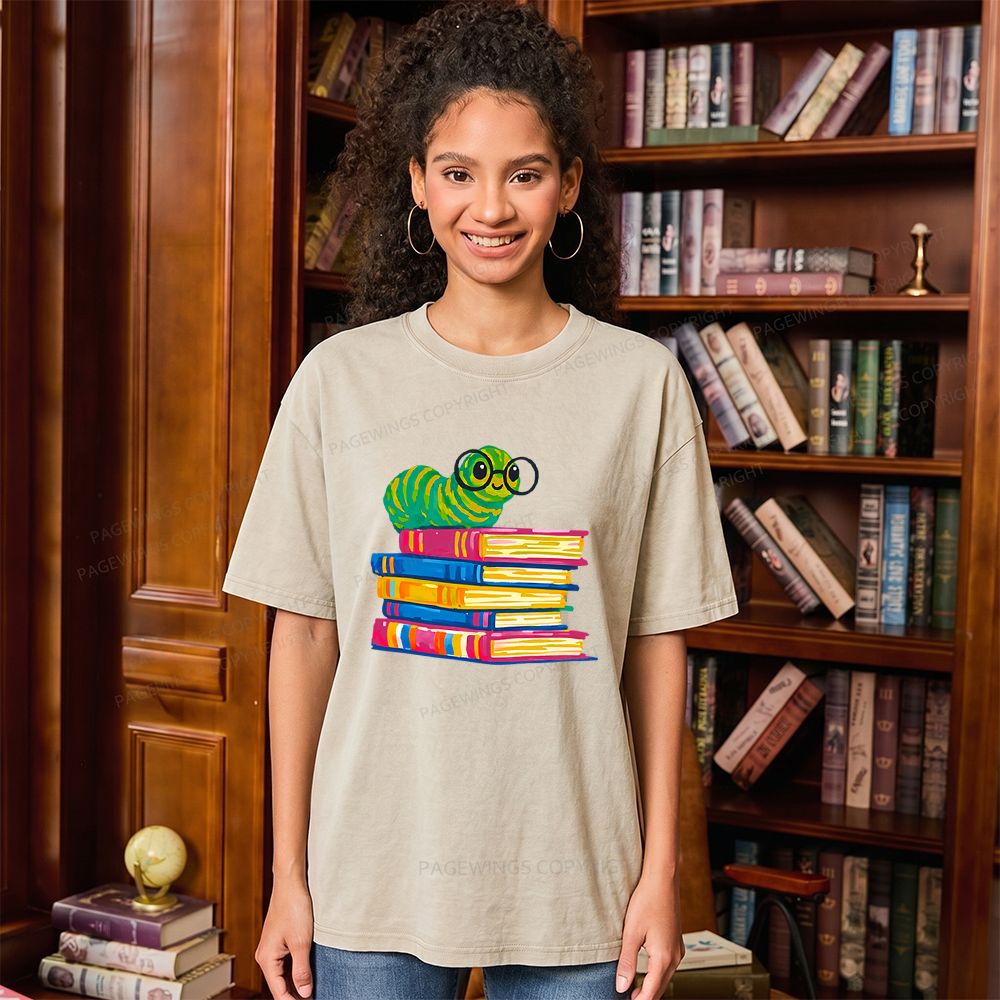 Pagewings Cute Reading Worm Unisex Washed T-shirt