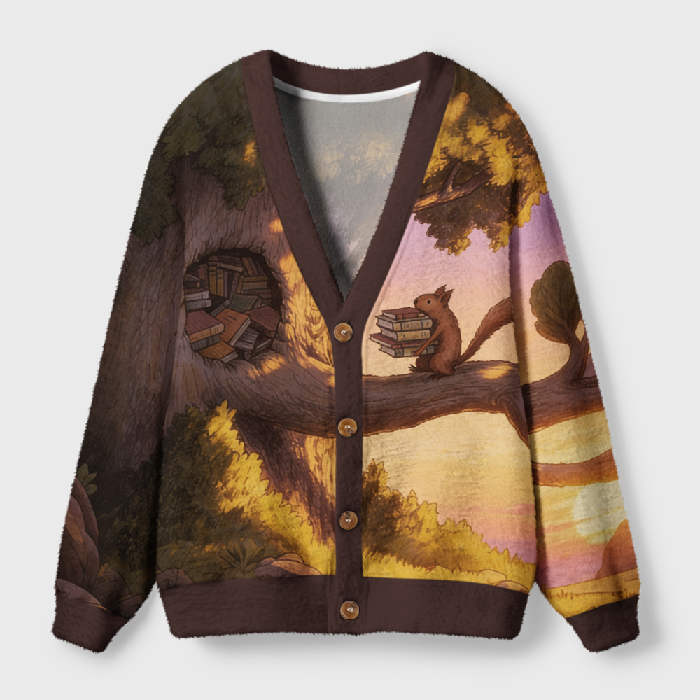Pagewings Squirrels Love Reading Light Knit Unisex Cardigan Sweaters