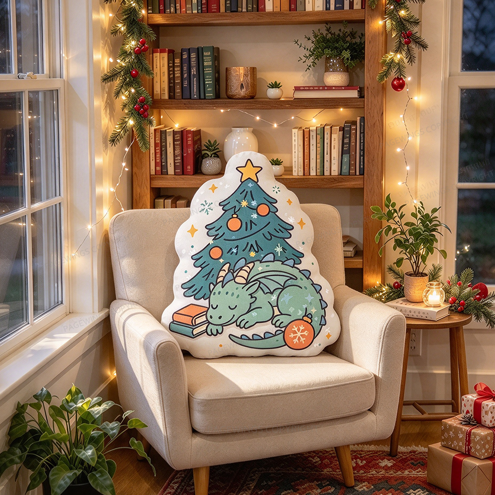Pagewings Sleeping Reading Dragon with Books Christmas Tree Shaped Throw Pillow