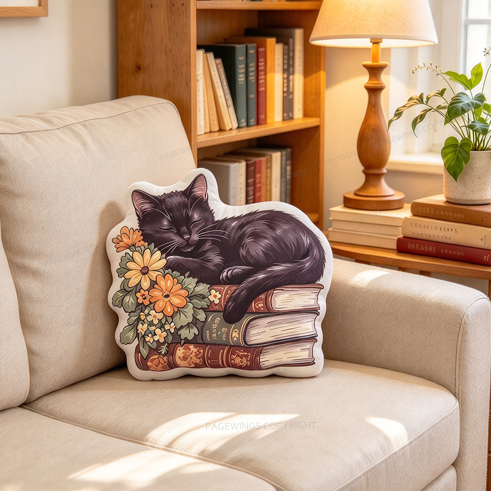 Pagewings Reading Cat Shaped Throw Pillow