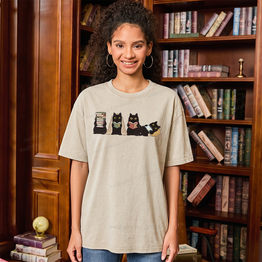 Pagewings Black Cats Reading Unisex Washed T-shirt