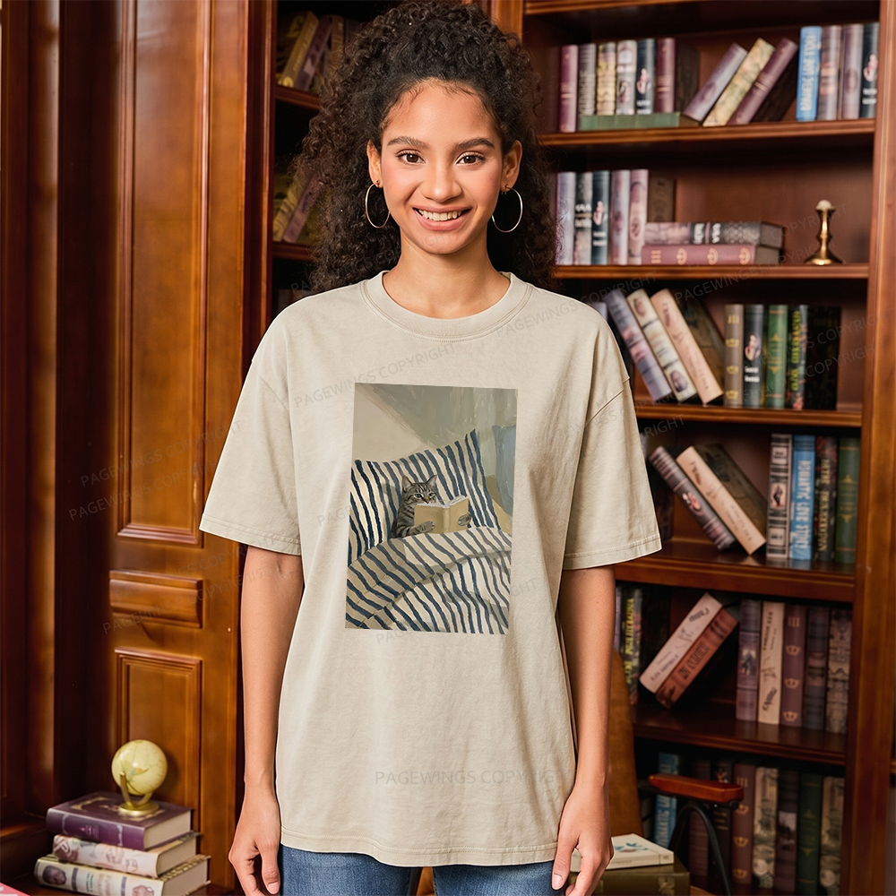 Pagewings Cat Reading Book In Bed Unisex Washed T-shirt