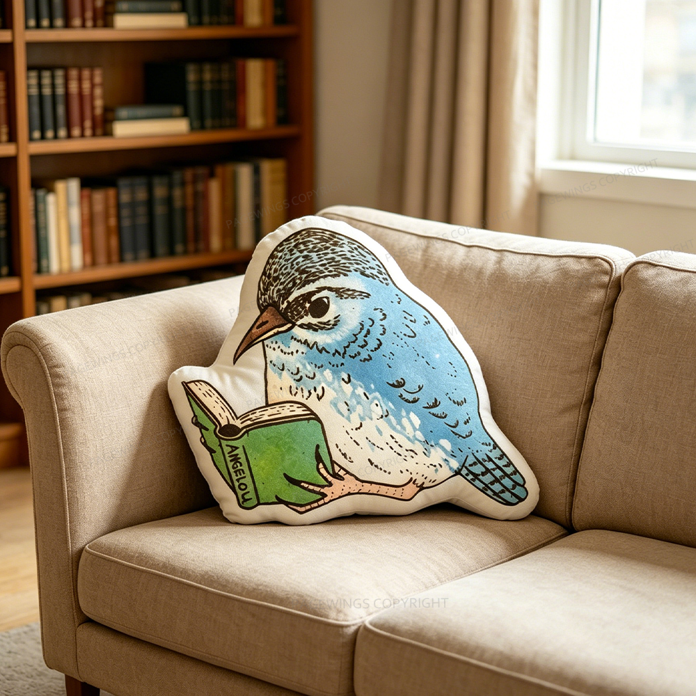 Pagewings Blue Bird Reading Shaped Throw Pillow