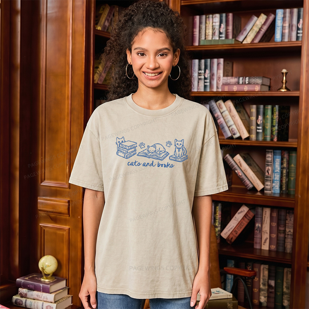Pagewings Cats and Books Unisex Washed T-shirt