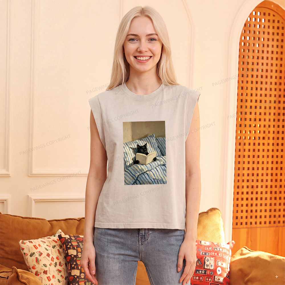 Pagewings Black Cat Reading in Bed Women's Washed Tank Top