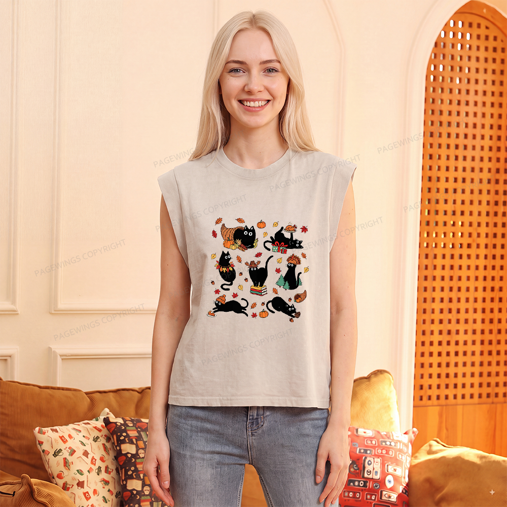 Pagewings Thanksgiving Cat Women's Washed Tank Top