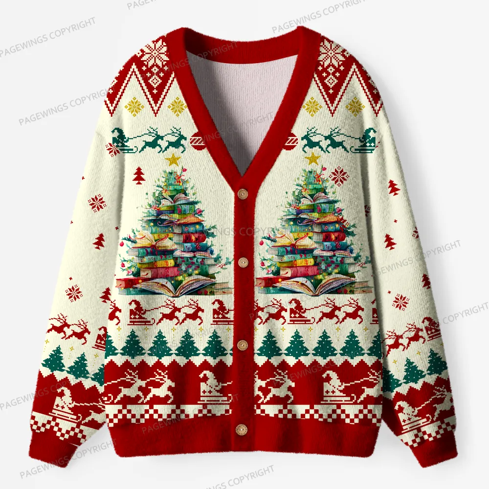 Pagewings Holiday Book Tree Unisex Ugly Cardigan Sweaters