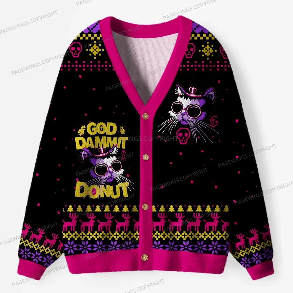 Pagewings God Dammit Donut Unisex Ugly Cardigan Sweaters