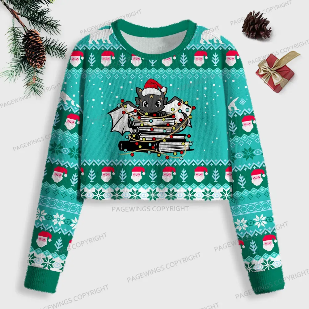 Pagewings Christmas Book Dragon Women Ugly Crop Sweatshirt